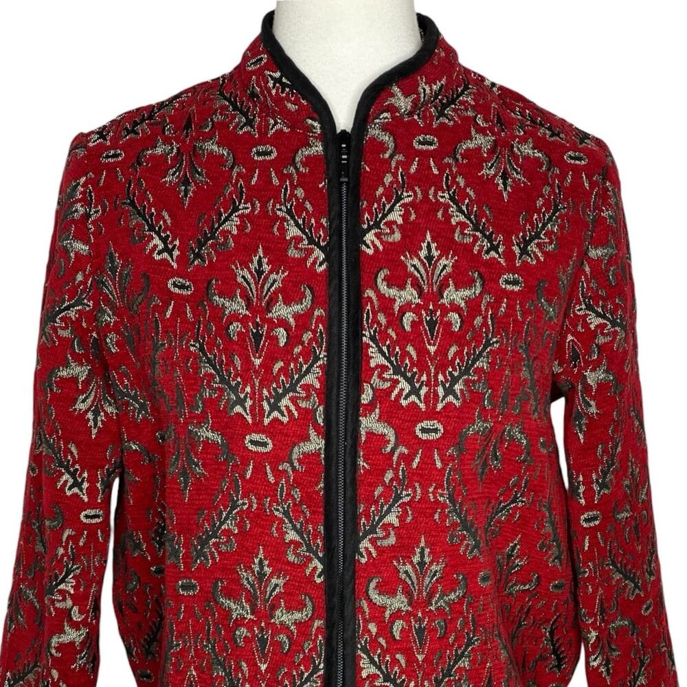 Studio Works Jacket Full Zip Red Silver Damask Tapestry Medium Petite Regal Boho - Picture 5 of 14